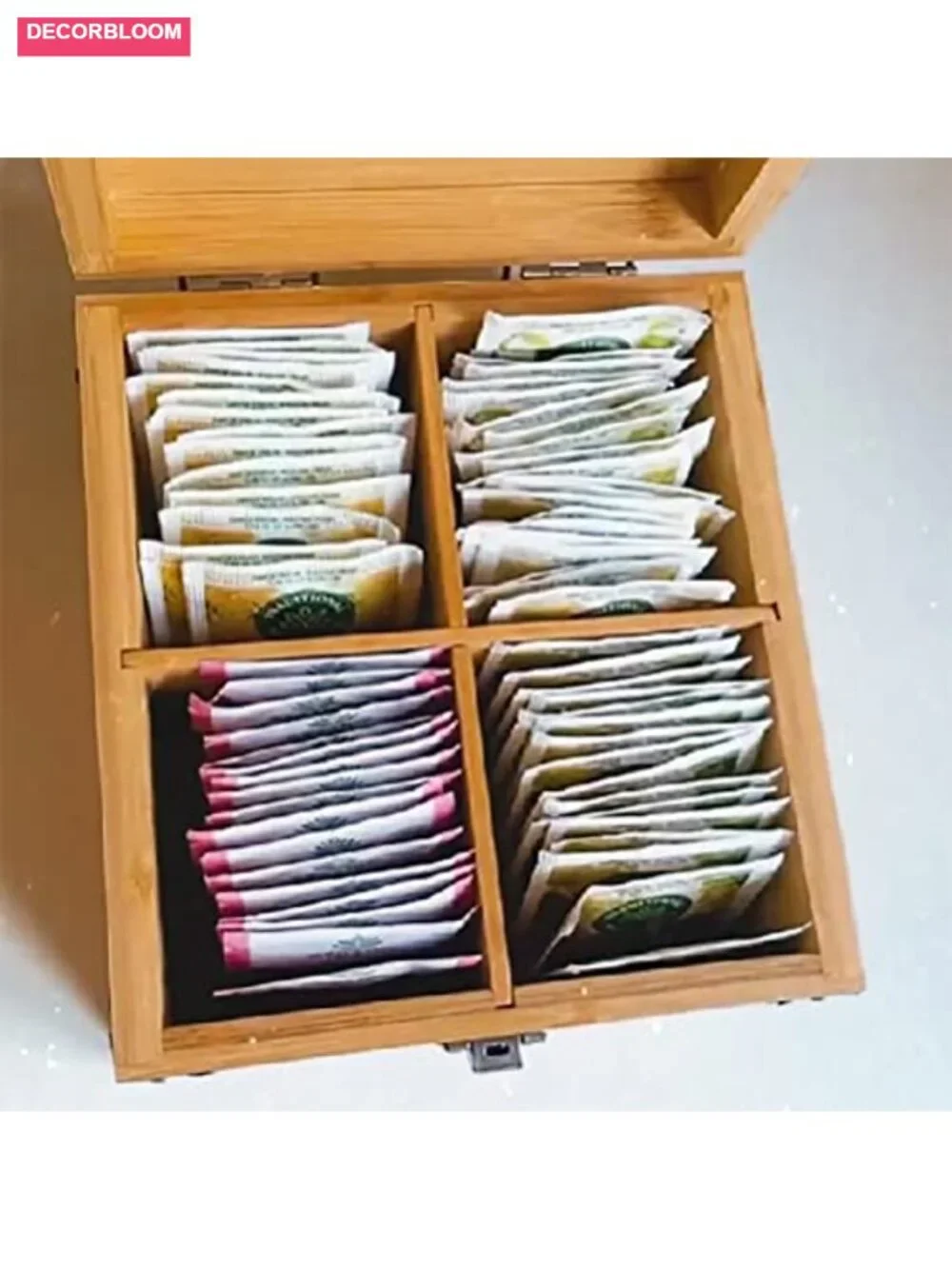Bamboo Tea Organizer Box Eco-Friendly Adjustable Cubbies Natural Wooden Storage